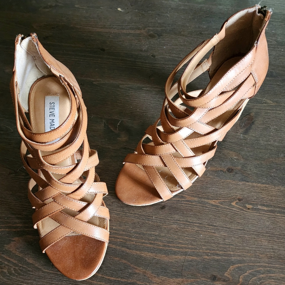💐2/$25 Steve Madden Women's Tan Strappy Heeled Sandals, Size 10